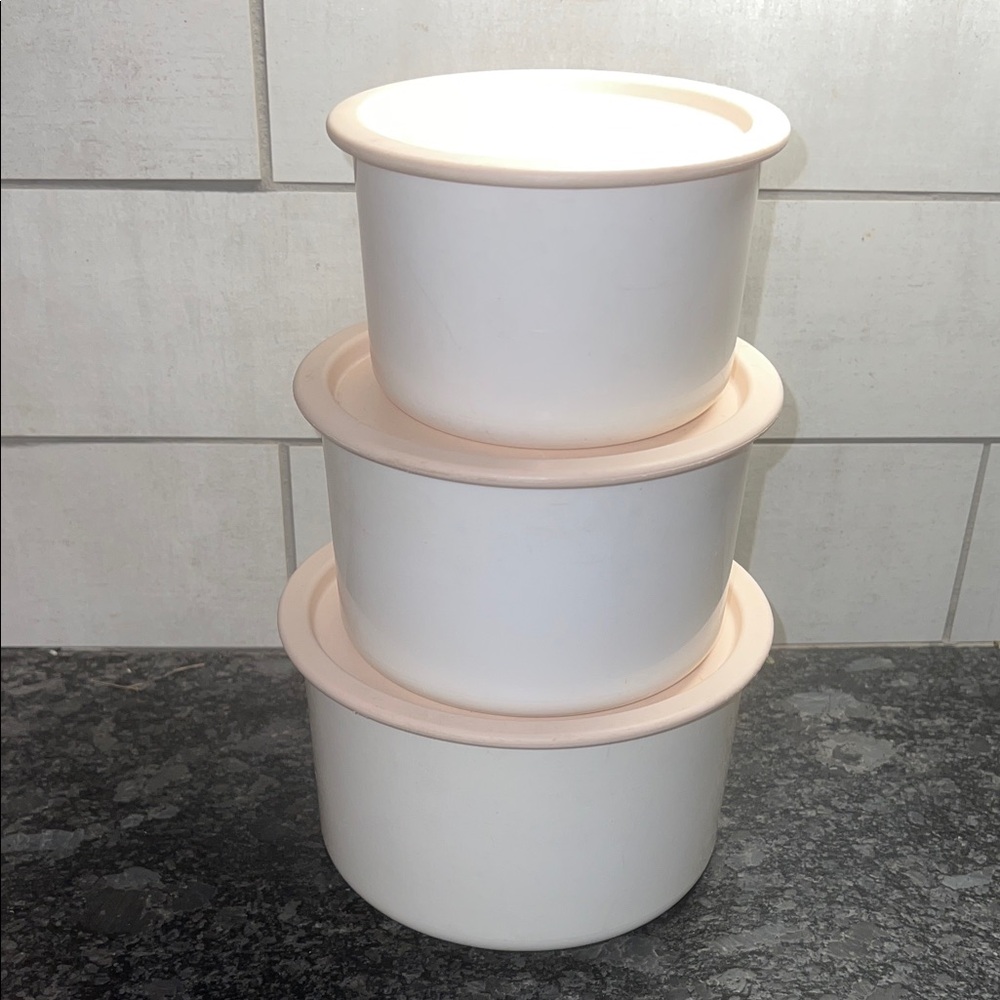 Set of 3. One Touch Canisters. Stackable White and Pink. Good condition